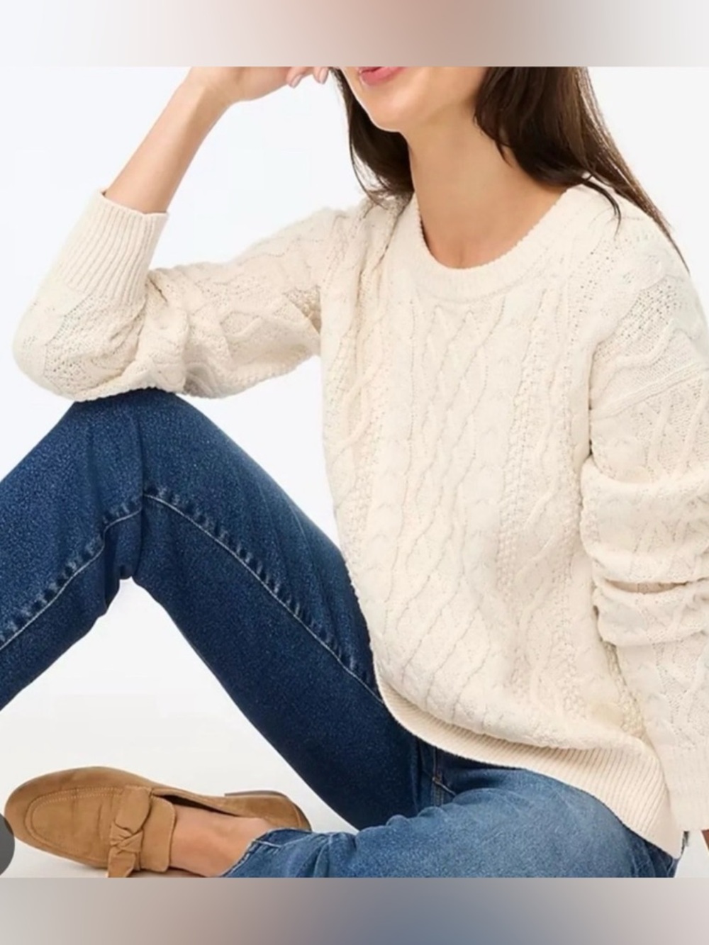 J.Crew Cable Knit Sweater Coastal Grandma Cottagecore Preppy Cream Large C46 - Picture 2 of 11